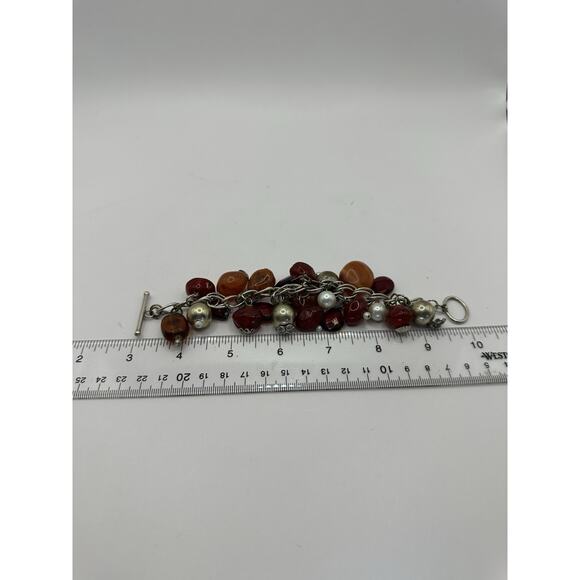 Vintage BoHo Style Silver Tone Bracelet w/ Red Agate Glass Faux Pearls 7" - Picture 6 of 8